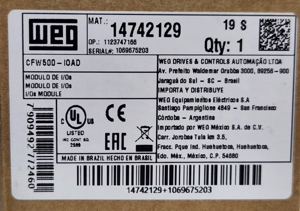 WEG CFW500 IOAD Drive ANALOG Digital I/O Plug In Module 14742129