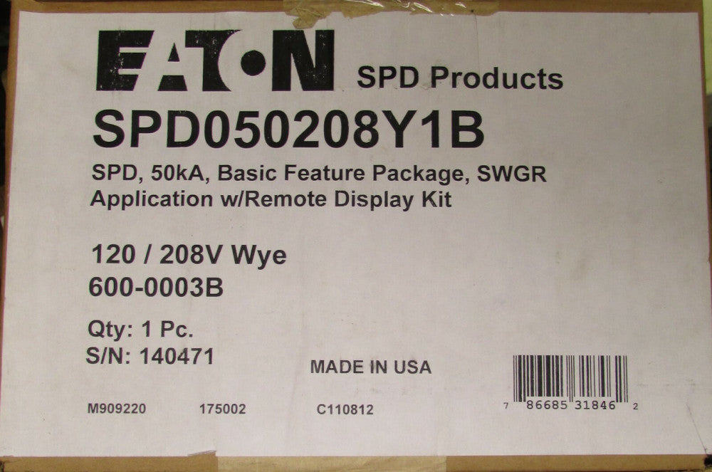 EATON CUTLER HAMMER SPD050208Y1B SPD 50KA Surge Protective Device 600 0003B