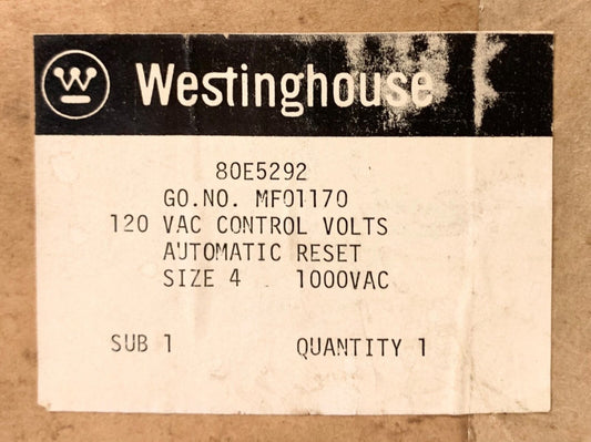 WESTINGHOUSE CUTLER HAMMER MF01170 80E5292 Modular Overload Relay 120 VAC Size 4