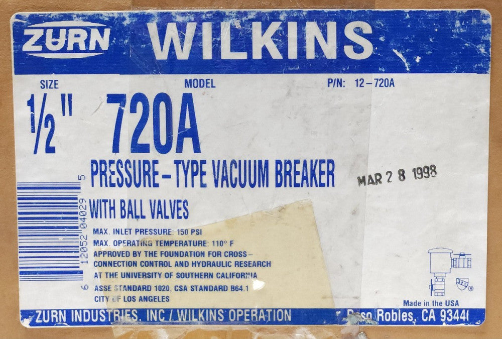 ZURN WILKINS MODEL 720A 12-720A 1/2" Pressure Type Vacuum Breaker With Ball Valv