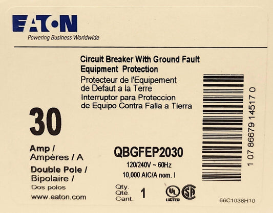 EATON QBGFEP2030 2 Pole 30 AMP QBGFEP Ground Fault Circuit Breaker Equipment