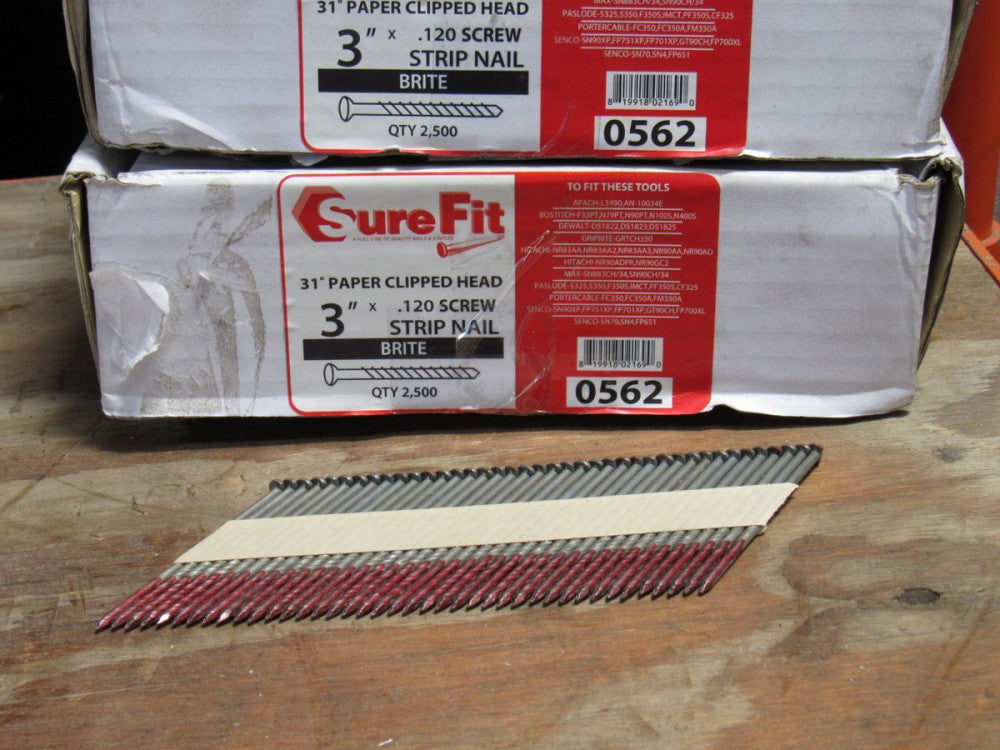 NEW LOT OF 2500 SURE FIT 31° PAPER CLIPPED HEAD SCREW STRIP NAIL 0562 3"X.120
