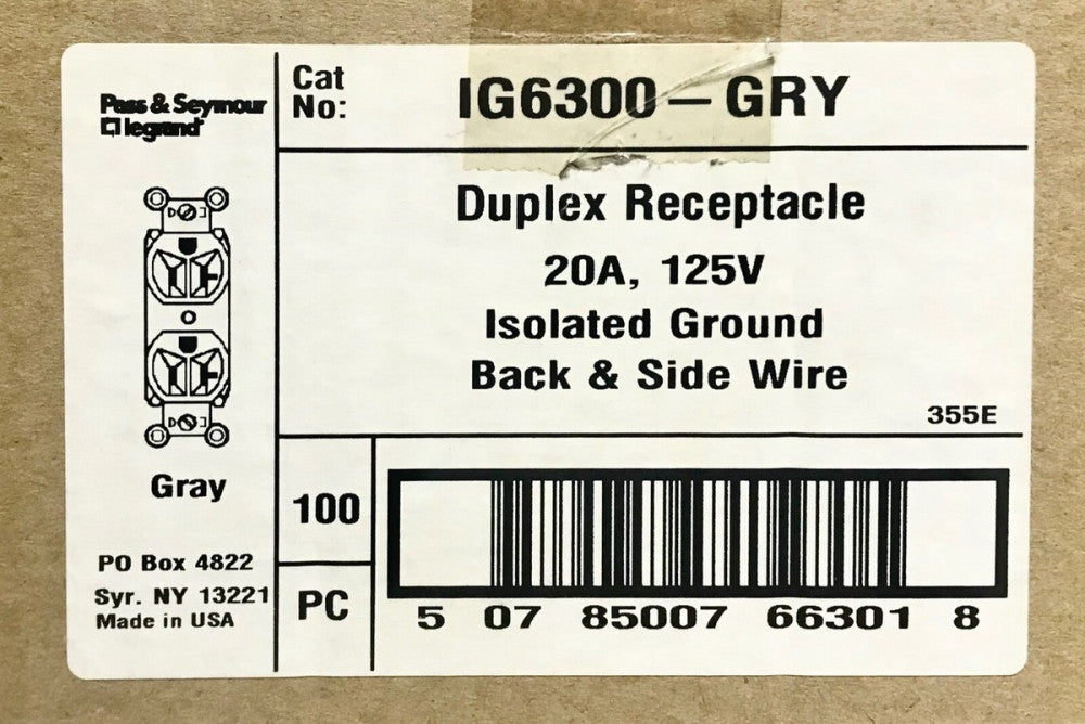 BOX OF 100 PASS SFYMOUR LEGRAND IG6300 GRY 20 AMP 125 VAC Duplex Receptacle Grey