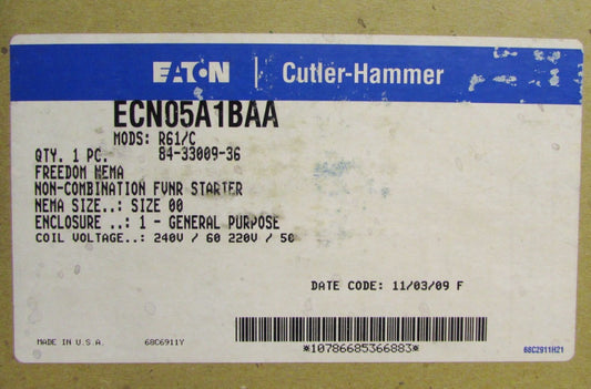 EATON CUTLER HAMMER ECN05A1BAA Size 00 220/240V Starter AN14AN0 Nema 1 Enclosure