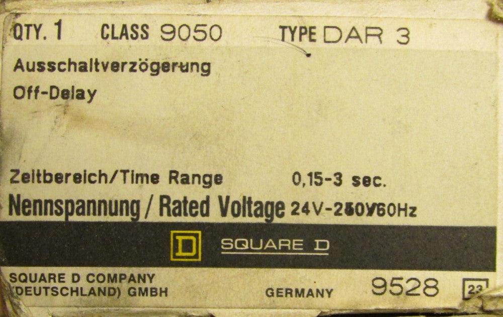 SQUARE D Off Delay 0.15-3 Second Timing Relay 9050 DAR 3