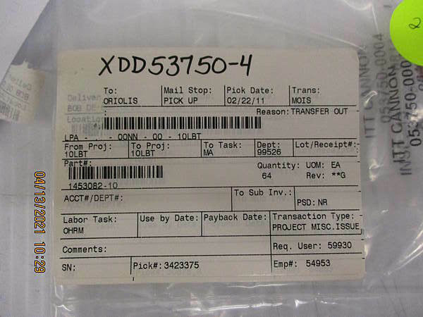 New, ITT Cannon, 053750-0004, INTERFACIAL SEAL FOR DB50