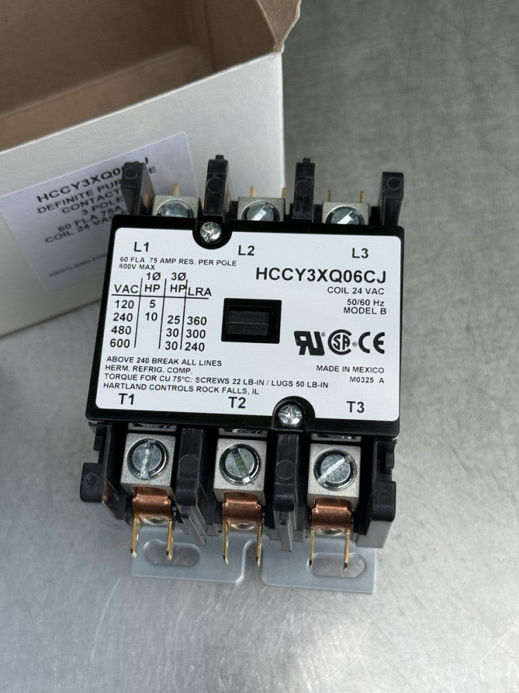 Hartland Controls HCCY3XQ06CJ Contactor 60A 3P 600VAC - 24VAC Coil - New