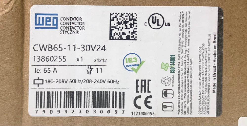 WEG CWB65 11 30V24 3 Pole 65 AMP 180-208 VAC Contactor 13860255
