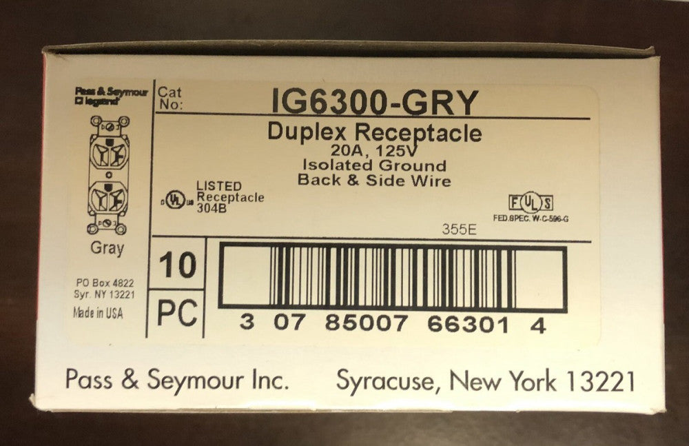 BOX OF 10 PASS SFYMOUR LEGRAND IG6300 GRY 20 AMP 125 VAC Duplex Receptacle Grey