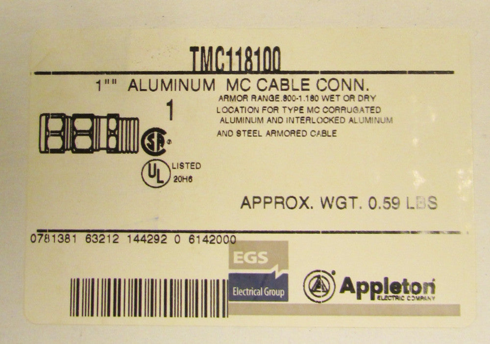 EGS APPLETON TMC118100 Armored Cable 1" Aluminum MC Cable Connector