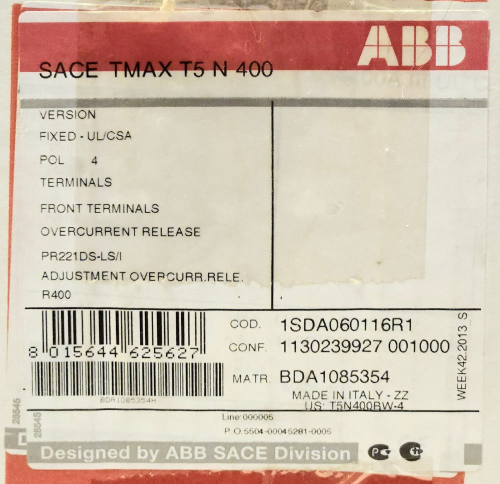 ABB SACE TMAX T5 N 400 4 Pole 400 AMP PR221DS LSI Circuit Breaker R400 1SDA06011