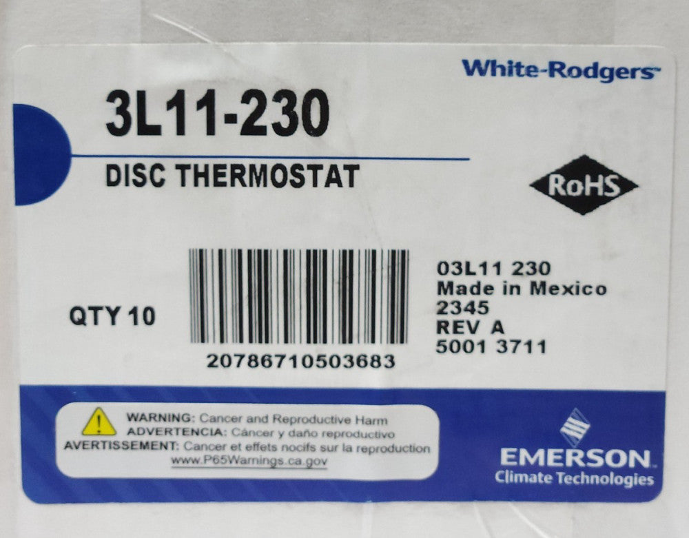 BOX OF 10 WHITE RODGERS 3L11-230 Bimetal Rise Thermostat Fixed Setting Open 230°