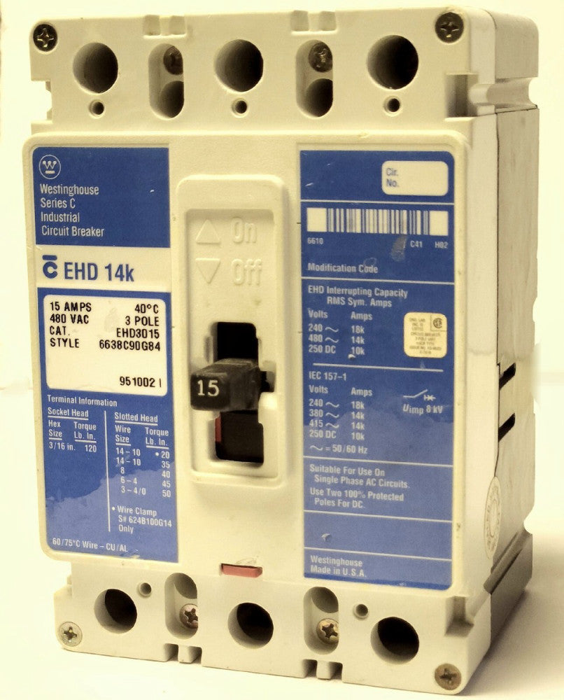 WESTINGHOUSE CUTLER HAMMER EHD3015 3 Pole 15 AMP Type EHD Circuit Breaker