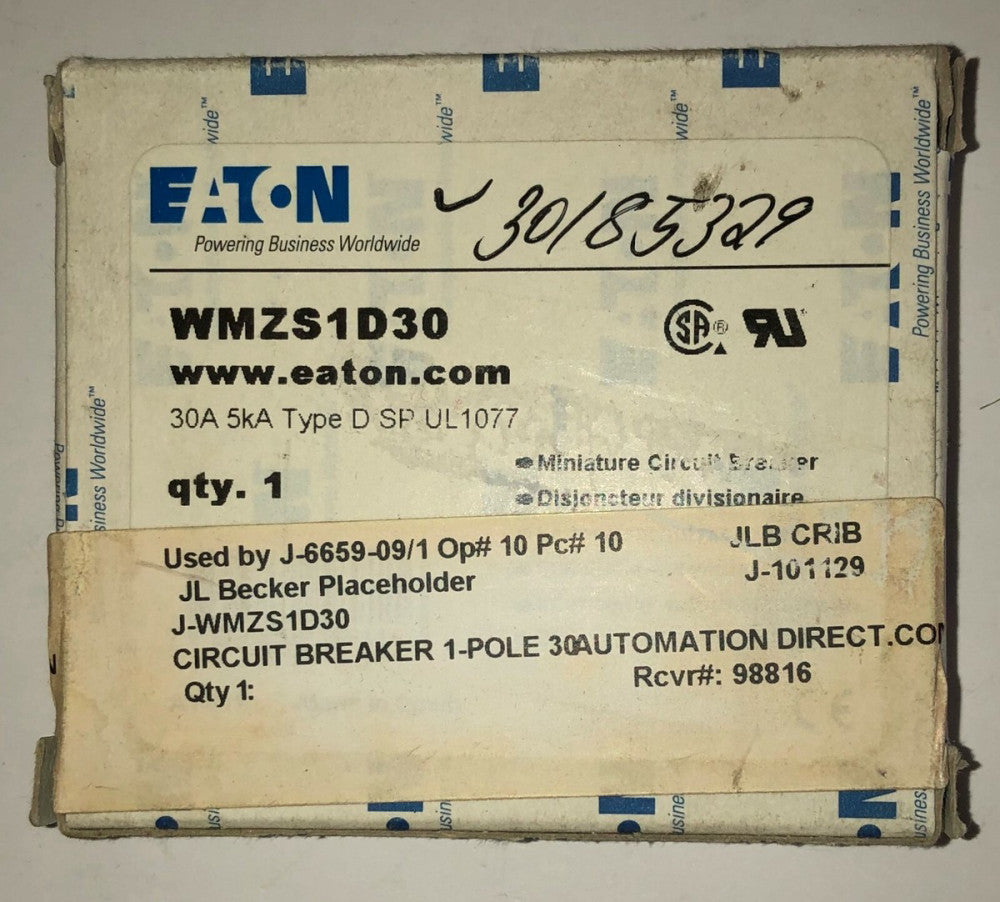 EATON WMZS1D30 Single Pole 30 AMP Type D SP Circuit Breaker