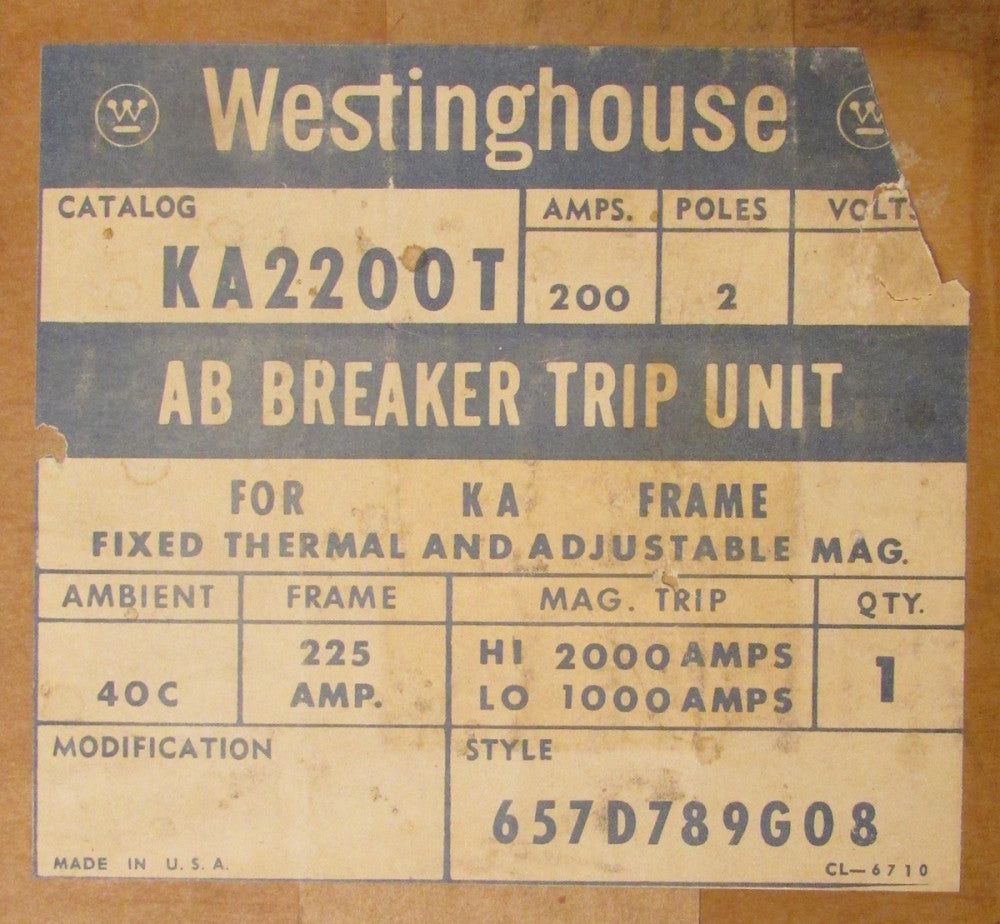 WESTINGHOUSE KA2200T HKA2200T 2 Pole 200 Amp Type KA HKA Trip Unit 657D789G08