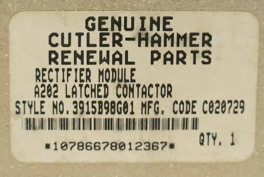EATON CUTLER HAMMER 3915B98G01 A202 Lighting Contactor Rectifier Module Latched