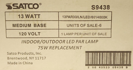 BOX CASE OF 6 SATCO S9438 PAR30 LN WFL 13W LED 120 VAC Indoor Outdoor DIMMABLE