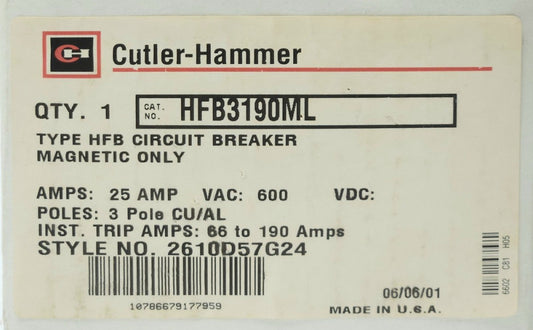 EATON CUTLER HAMMER HFB3190ML 3 Pole 25 AMP Type HFB Magnetic Adjustable Circuit