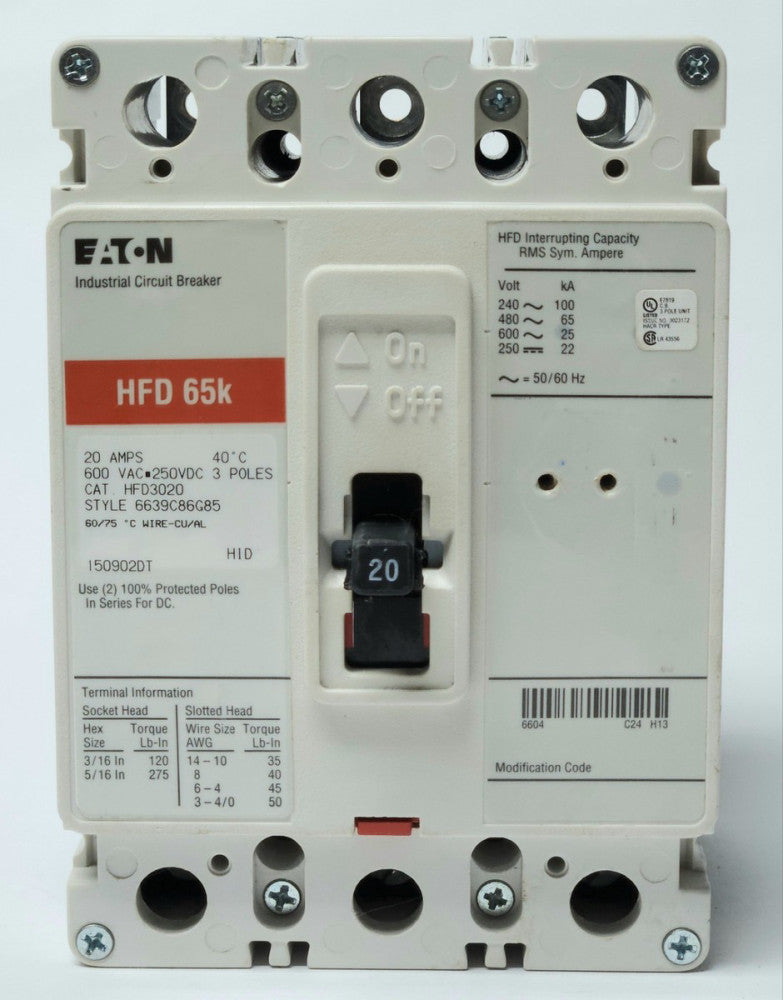 EATON CUTLER HAMMER HFD3020 3 Pole 20 AMP Type HFD Circuit Breaker