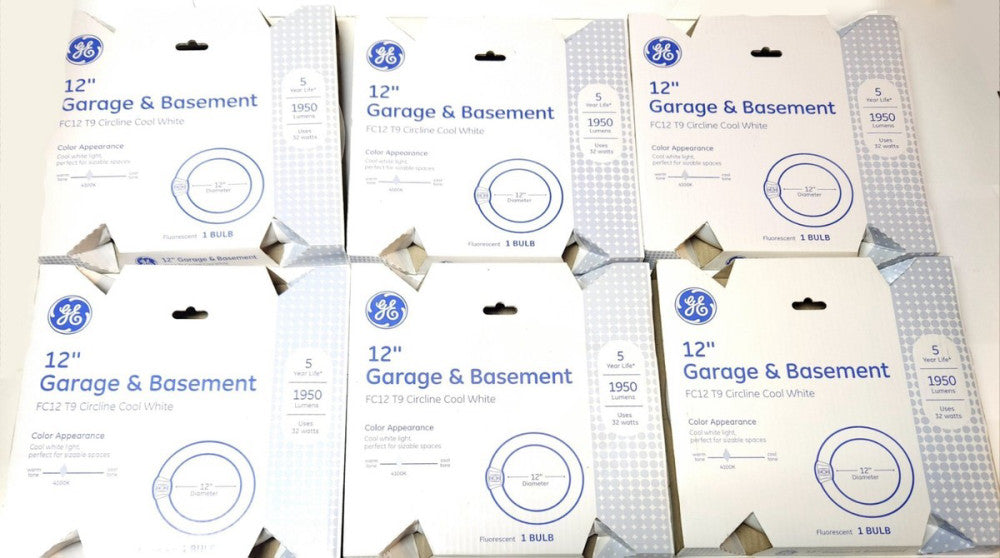 LOT OF 6 GENERAL ELECTRIC FC12T9/CW 12" Circular FC12 T9 Garage & Basement Lamp