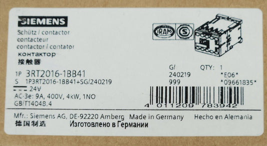 SIEMENS SCHUTZ 3RT2016 1BB41 Contactors 400 VAC 4KW 1 NO 9 AMP 24 VDC