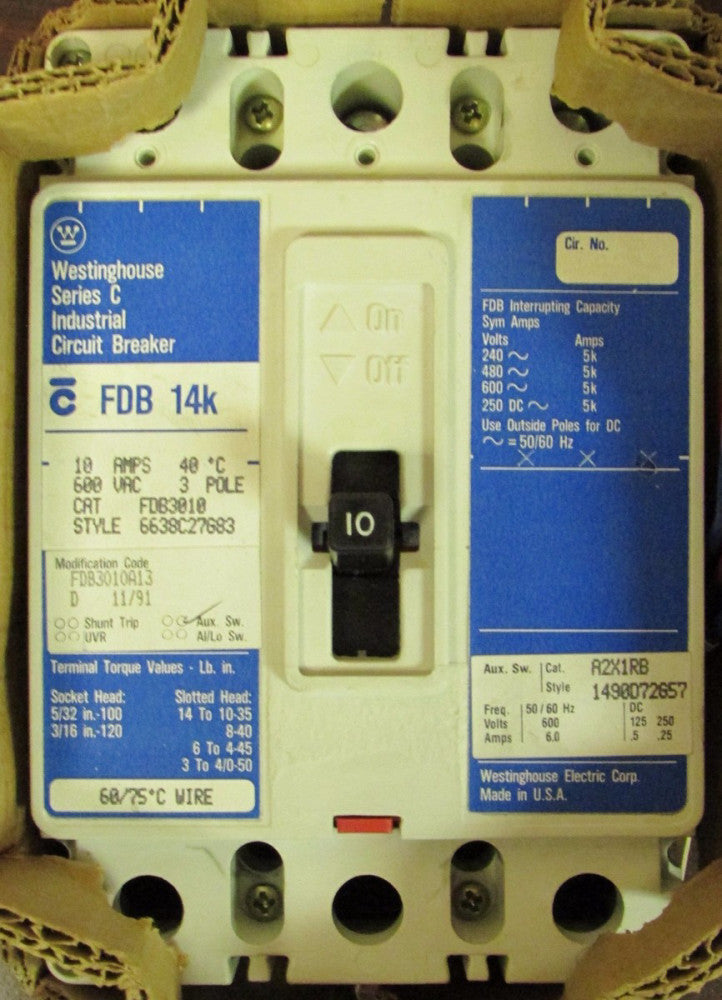 WESTINGHOUSE FDB3010A13 3 Pole 10 Amp FDB Circuit Breaker 2A 2B Auxiliary Switch