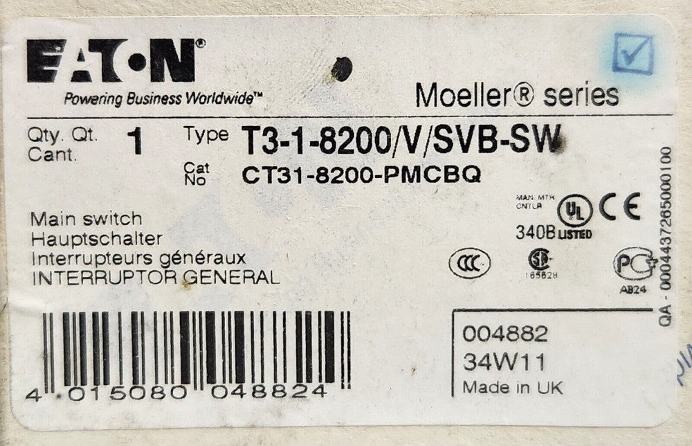 EATON MOELLER T3 1 8200 V SVB SW Circuit Breaker Disconnect Main Switch