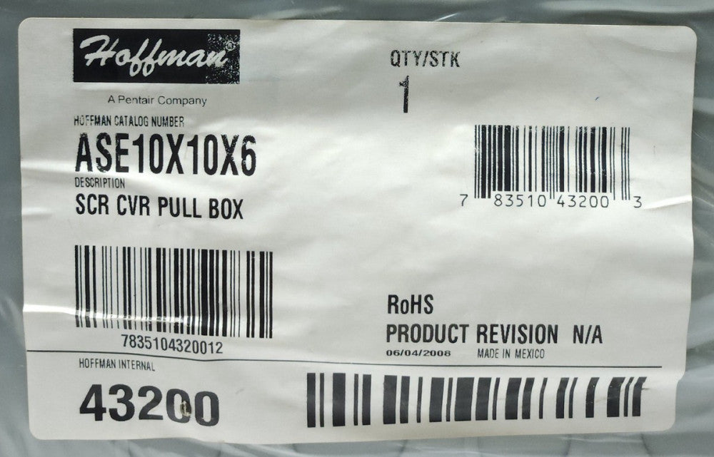 HOFFMAN ASE10X10X6 SCR CUR PULL BOX with Cover 10"x10"x6" 43200