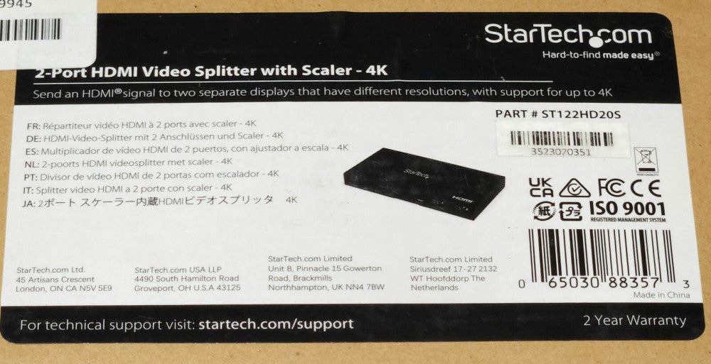 STARTECH ST122HD20S 2 PORT HDMI Video Splitter with Scaler 4K