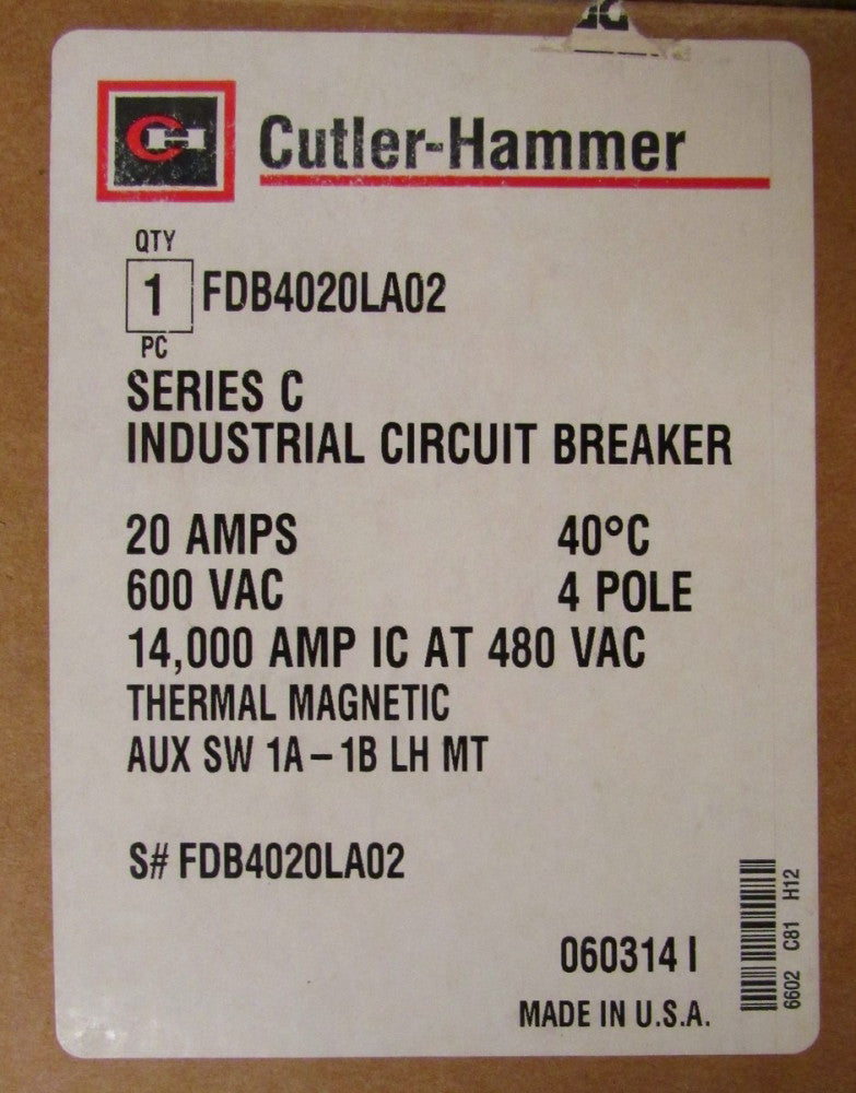 CUTLER HAMMER FDB4020LA02 20 Amp 4 Pole FDB Breaker 1A 1B Auxiliary FDB4020