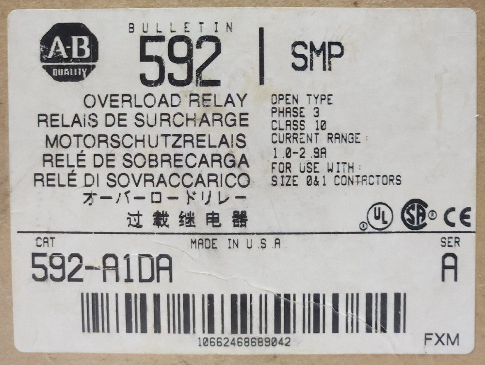 ALLEN BRADLEY 592 A1DA 1-2.9 AMP SMP Electronic Overload Relay Size 0 and Size 1