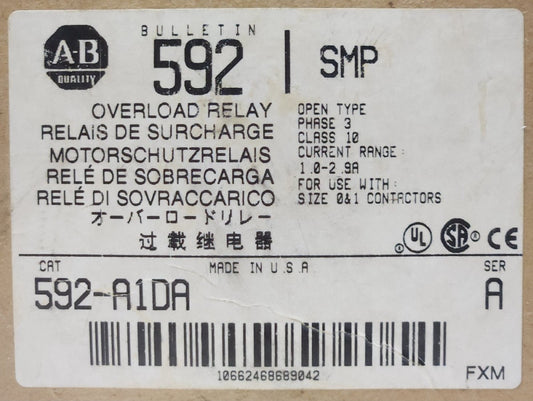 ALLEN BRADLEY 592 A1DA 1-2.9 AMP SMP Electronic Overload Relay Size 0 and Size 1