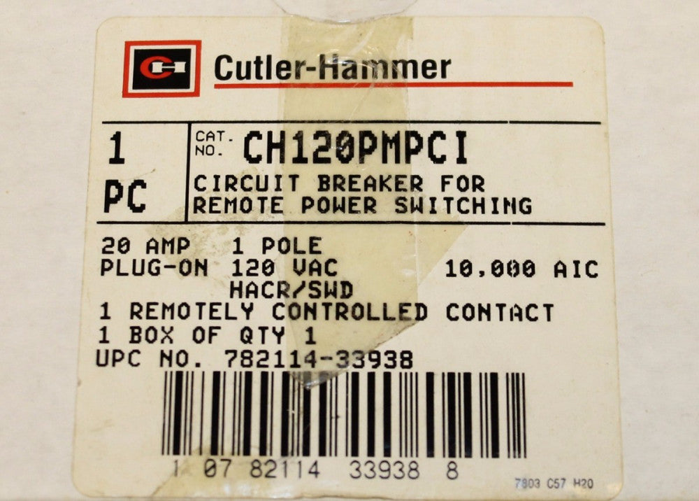 CUTLER HAMMER Type CH Remote Control Circuit Breaker 20A Single Pole CH120PMPCI