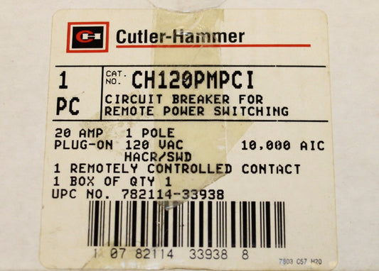 CUTLER HAMMER Type CH Remote Control Circuit Breaker 20A Single Pole CH120PMPCI