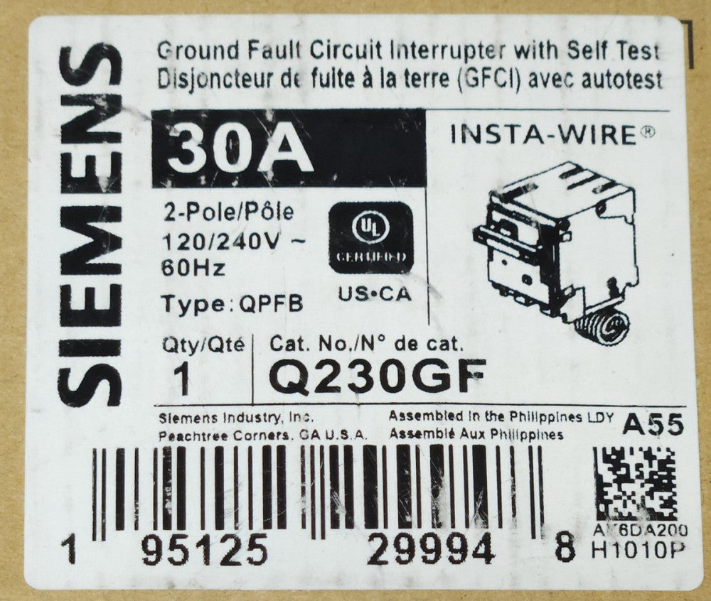 SIEMENS Q230GF 2 Pole Type QPFB Self Test Ground Fault Circuit Breaker