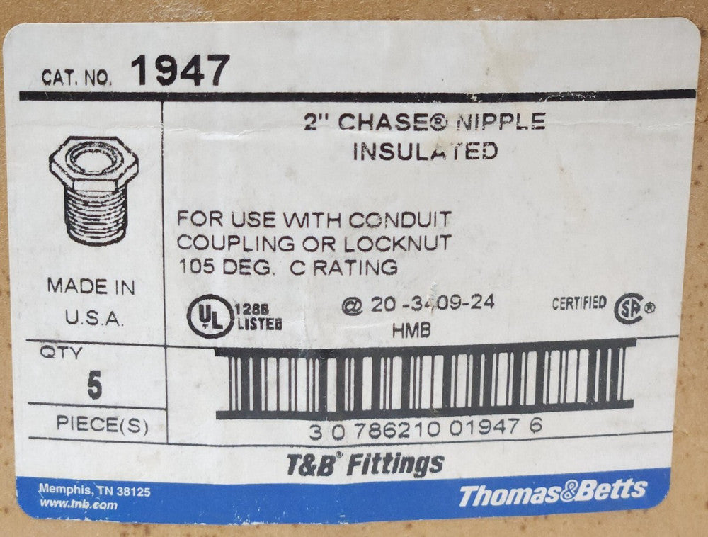 BOX OF 5 T&B Thomas & Betts 1947 2" CHASE NIPPLE Insulated