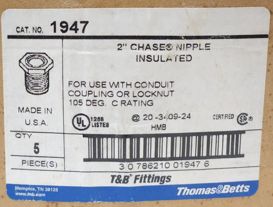 BOX OF 5 T&B Thomas & Betts 1947 2" CHASE NIPPLE Insulated
