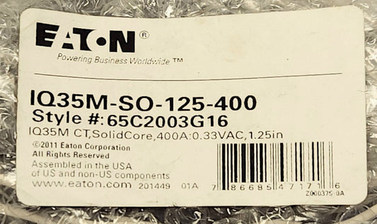EATON IQ35M SO 125 400 IQ35M CT Solid Core 400 AMP 0.33 VAC 65C2003G16