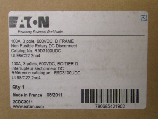 EATON R9D3100UDC 3 Pole 100 Amp 600VDC Non Fusible Rotary DC Disconnect Switch 