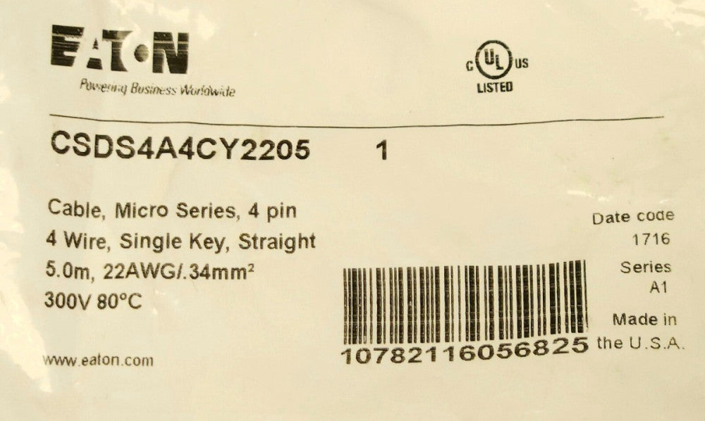 EATON CSDS4A4CY2205 Micro Series 4 PIN Sensor Cable 4 Wire 5.0M