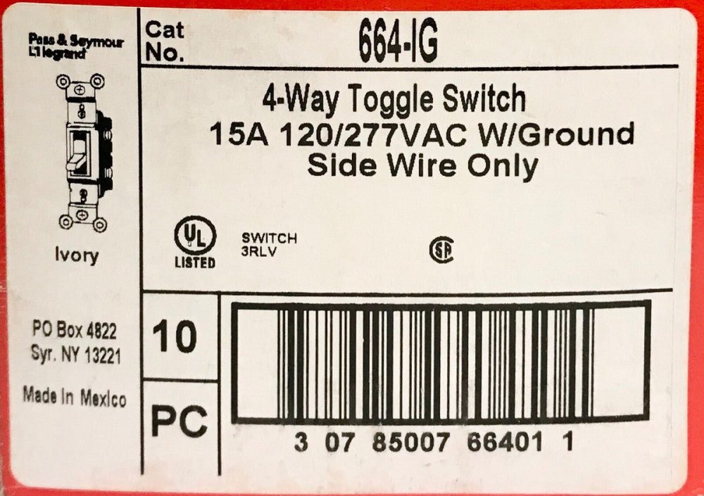 BOX OF 10 PASS SEYMOUR LEGRAND 664-IG 15 AMP 4 Way Toggle Switch 120 277 VAC