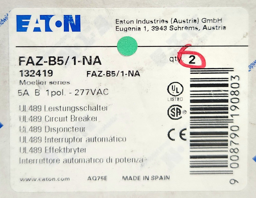EATON MOELLER FAZ-B5/1-NA 1 Pole 5 AMP 277VAC 132419 AQ75E Circuit Breaker