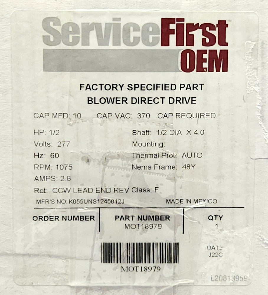 SEALED SERVICE FIRST OEM MOT18979 DIRECT DRIVE BLOWER MOTOR 1/2 HP 277 VAC