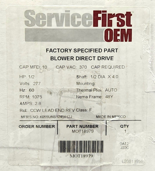 SEALED SERVICE FIRST OEM MOT18979 DIRECT DRIVE BLOWER MOTOR 1/2 HP 277 VAC
