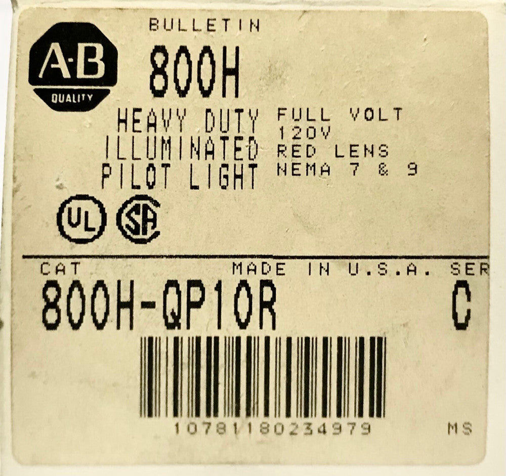 ALLEN BRADLEY 800H QP10R 120 VAC RED Heavy Duty Illuminated Pilot Light