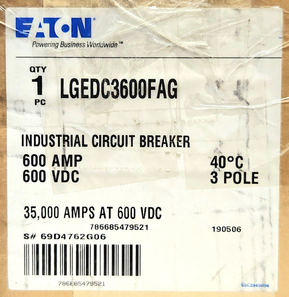 EATON LGEDC3600FAG 3 Pole 600 AMP L630E-DC Circuit Breaker