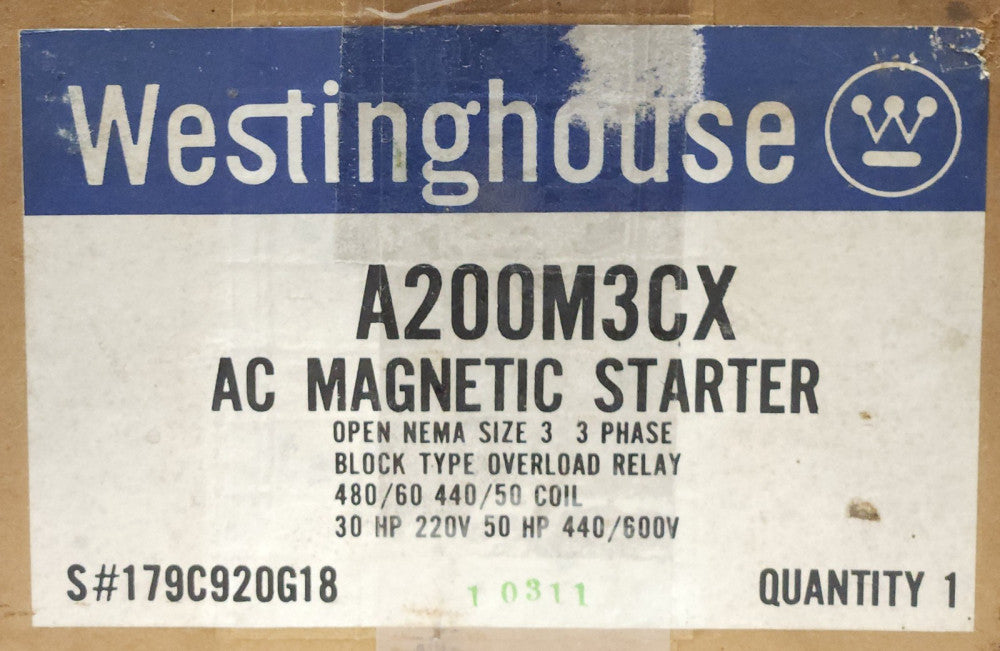 WESTINGHOUSE CUTLER HAMMER A200M3X Size 3 A200 480 VAC Starter 30-50 HP