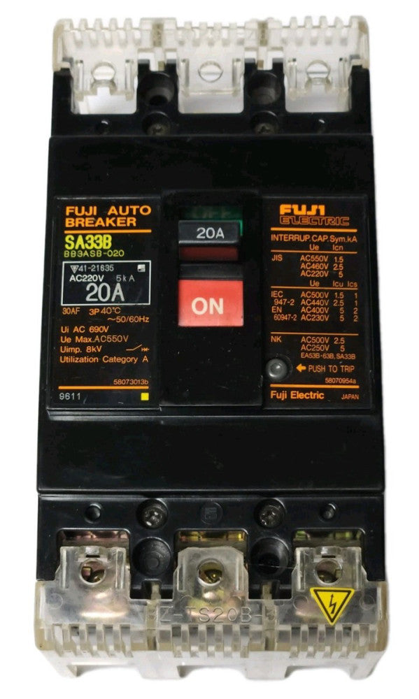 FUJI ELECTRIC AUTO Breaker SA33B BB3ASB 020 3 Pole 20 AMP 220 VAC Circuit Breake
