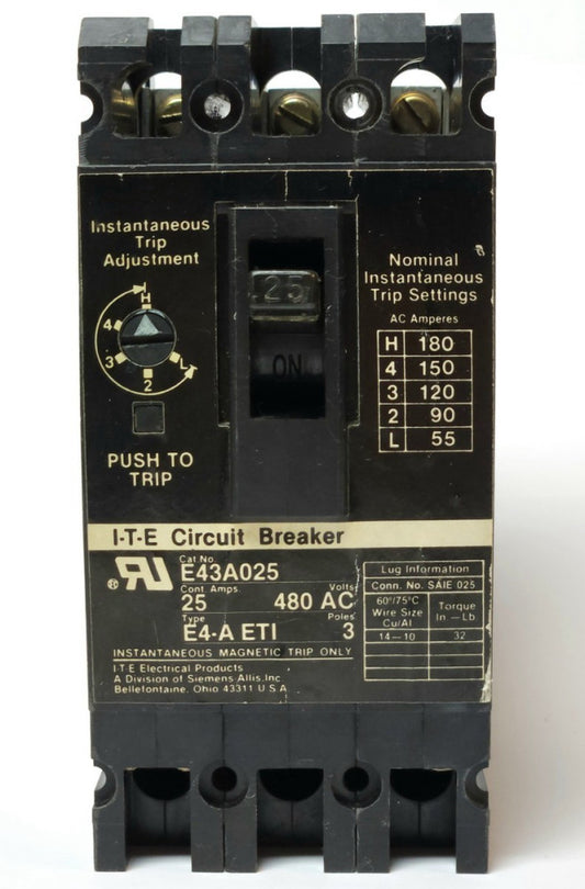 SIEMENS ITE E43A025 3 Pole 25 AMP Type E4-A ETI Circuit Breaker Motor Protector