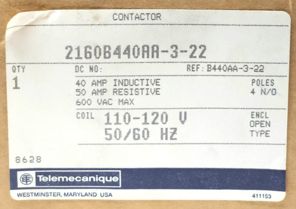 TELEMECANIQUE 2160B440AA 3 22 4 Pole ROWAN CONTROL B440AA 3 22 Contactor 120 VAC